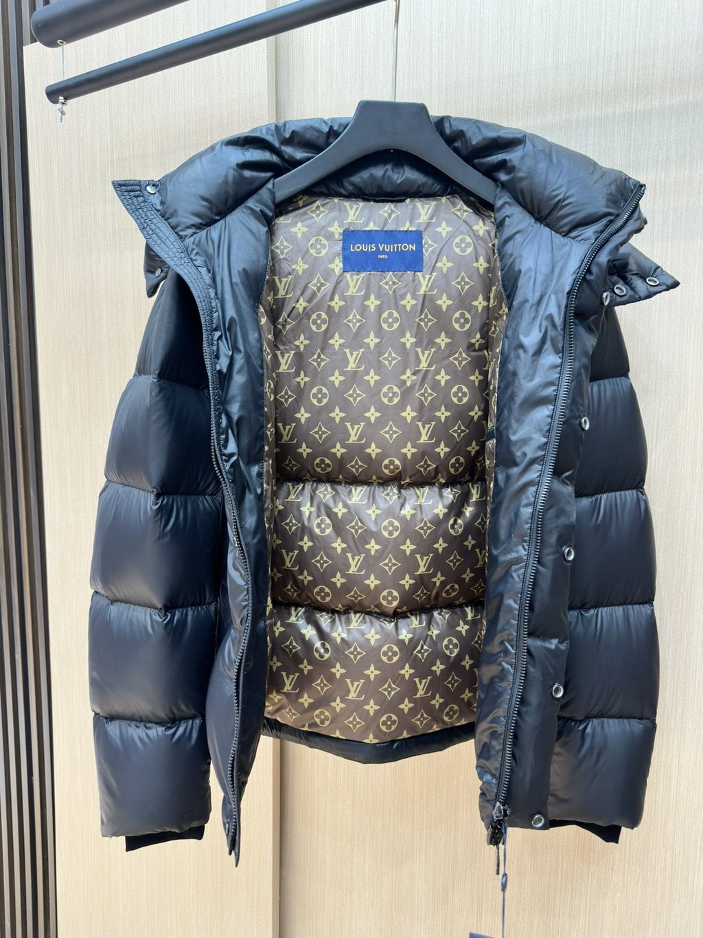 LV Black Hooded Puffer Coat with Monogram Lining — front