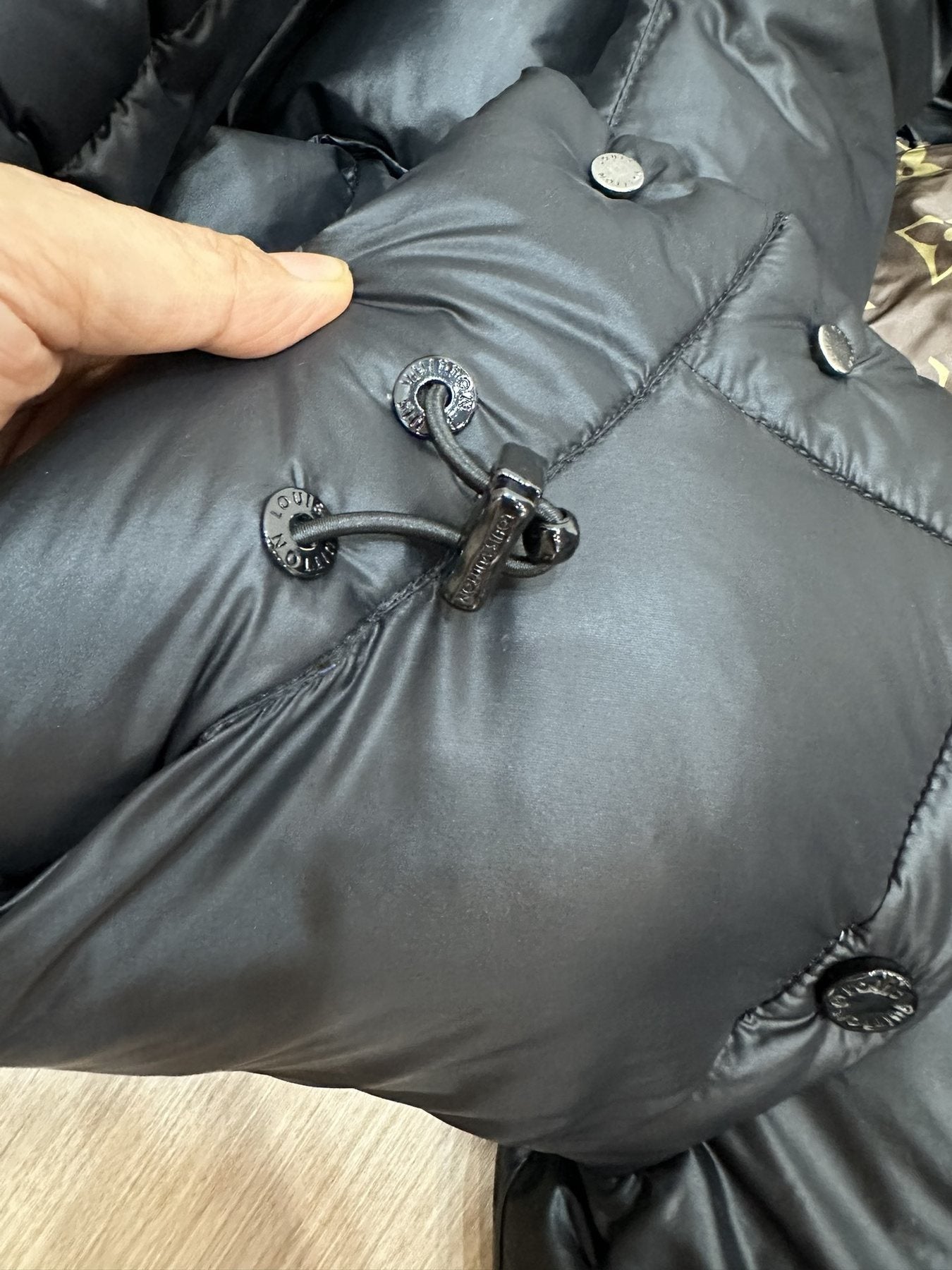 LV Black Hooded Puffer Coat with Monogram Lining — detail