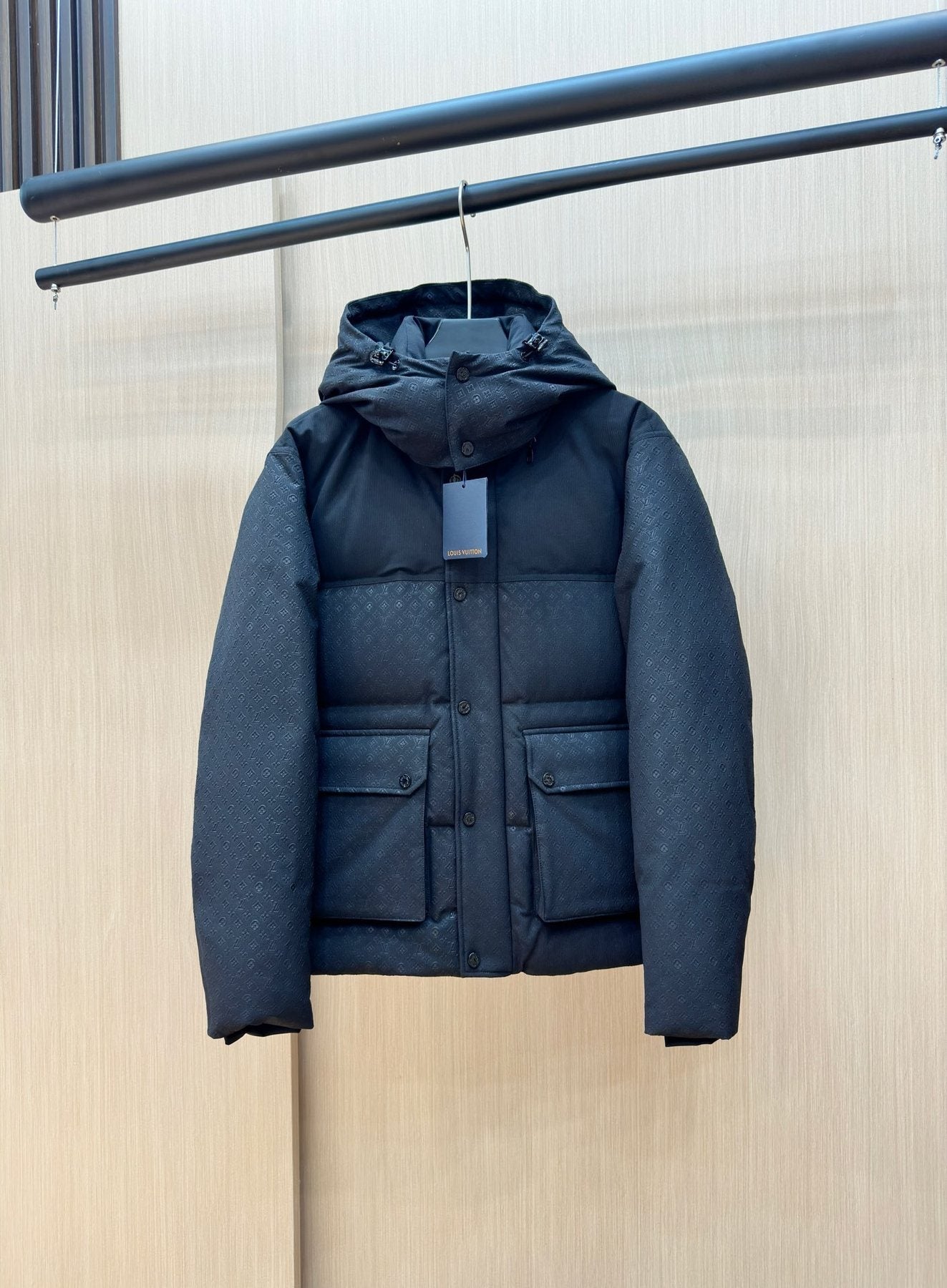 LV Tonal Pattern Hooded Puffer Coat — front