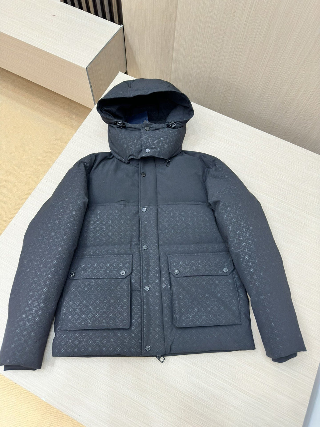 LV Tonal Pattern Hooded Puffer Coat — hero