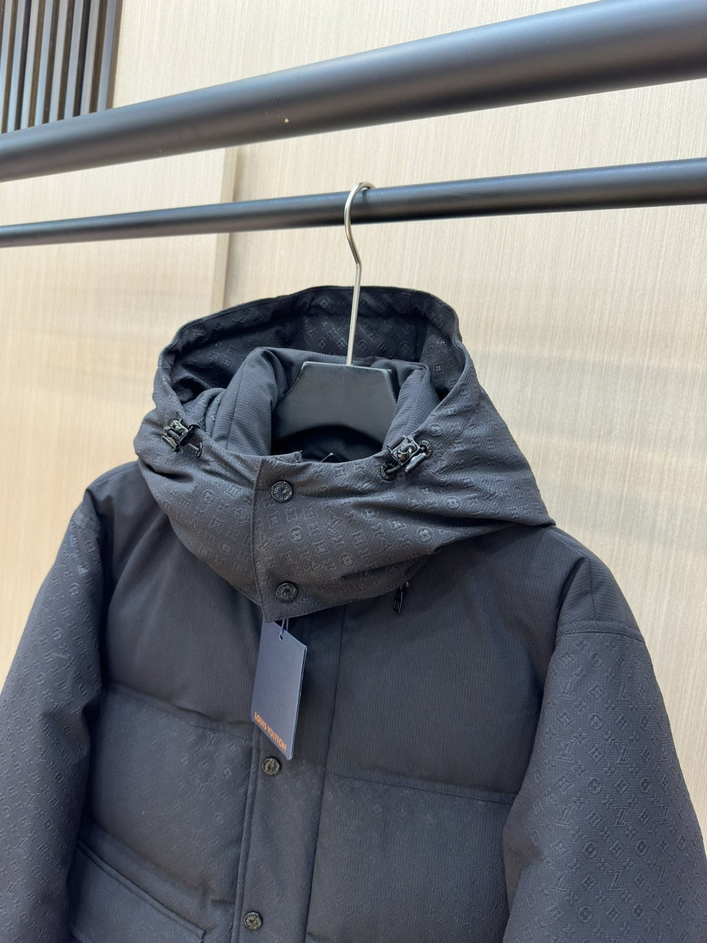LV Tonal Pattern Hooded Puffer Coat — detail