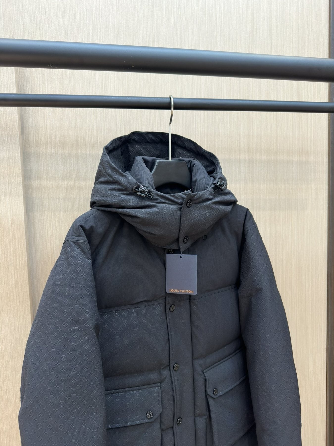 LV Tonal Pattern Hooded Puffer Coat — detail