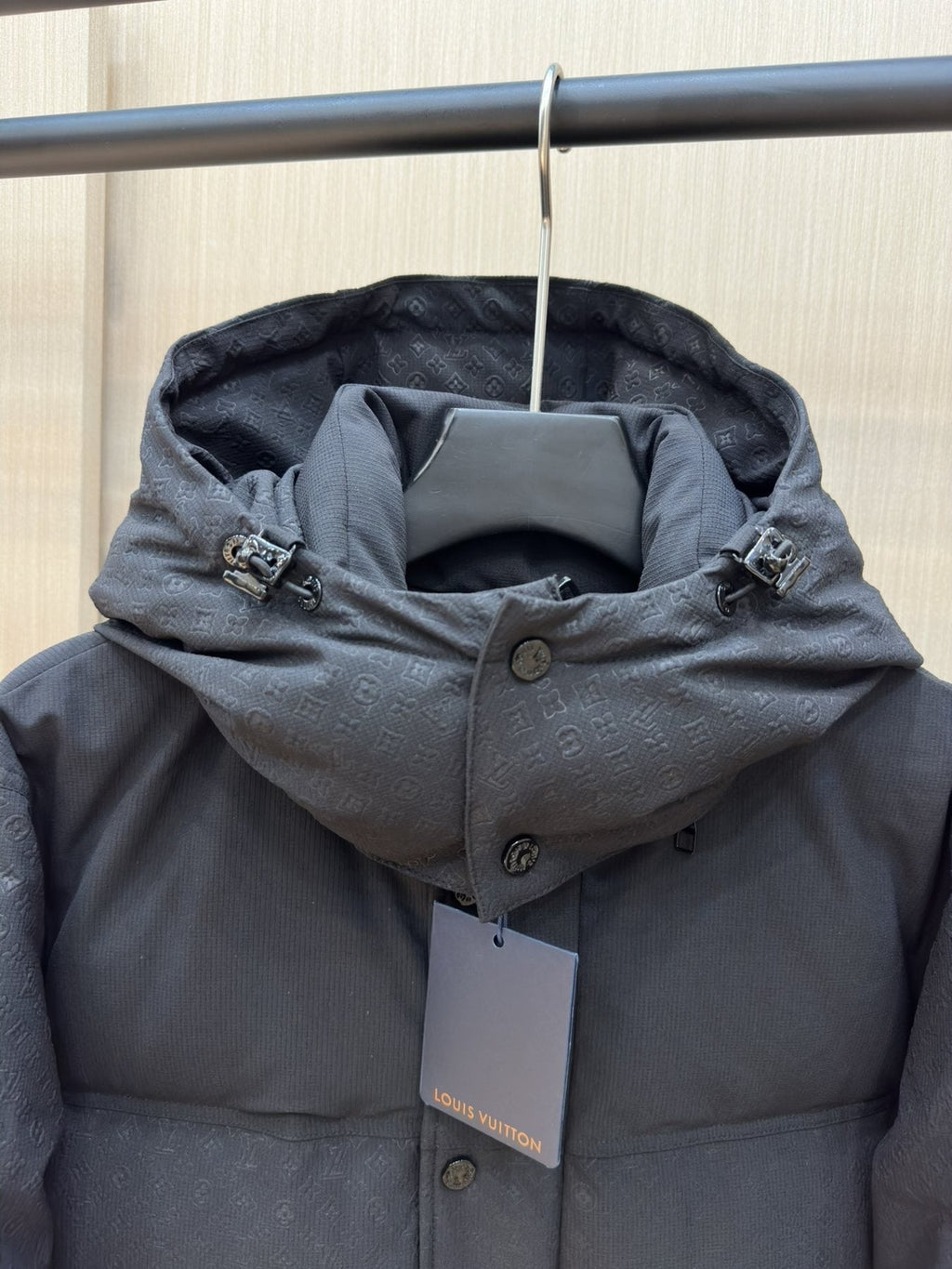 LV Tonal Pattern Hooded Puffer Coat — detail