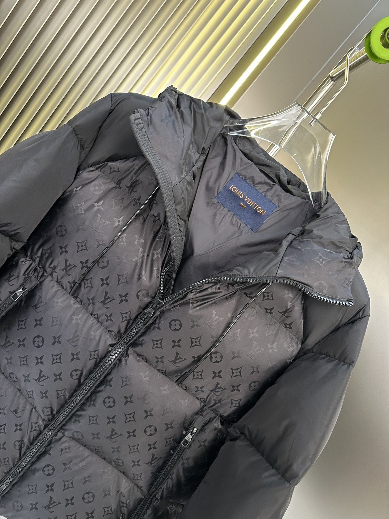 LV Hooded Monogram-Panel Puffer Coat — neck_label