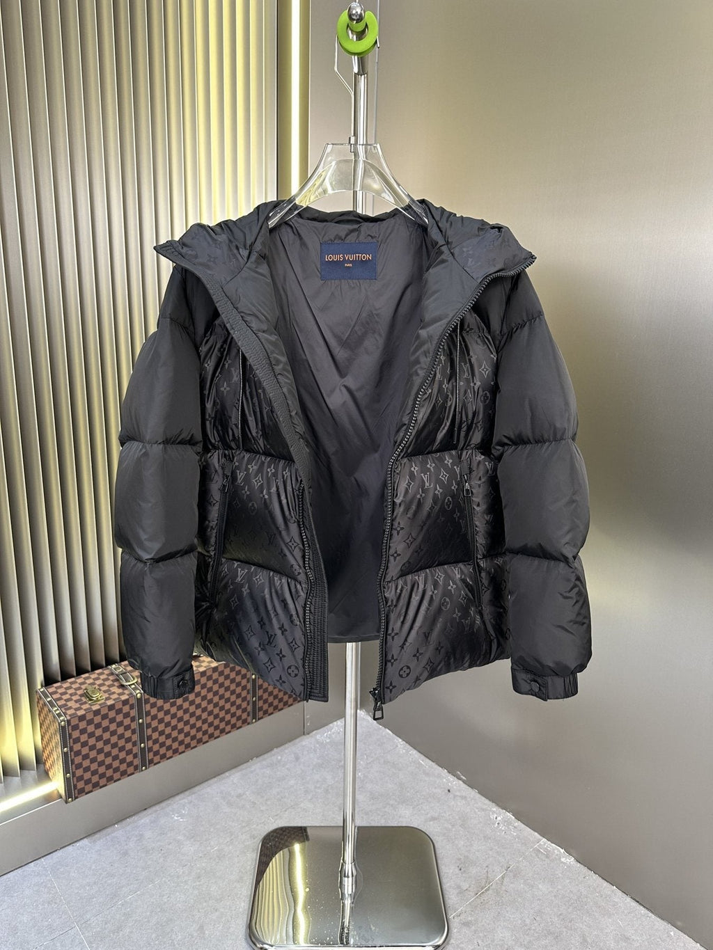 LV Hooded Monogram-Panel Puffer Coat — detail