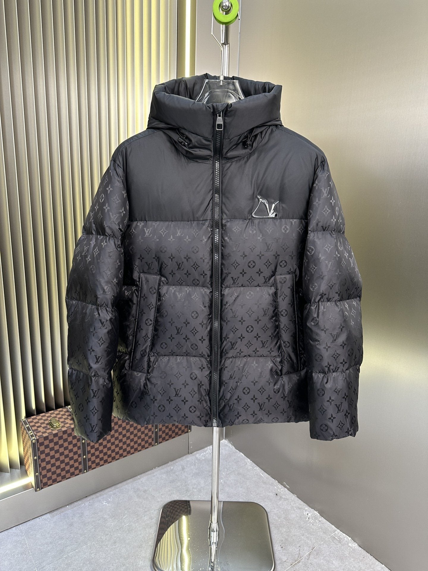 LV Hooded Monogram-Panel Puffer Coat — hero