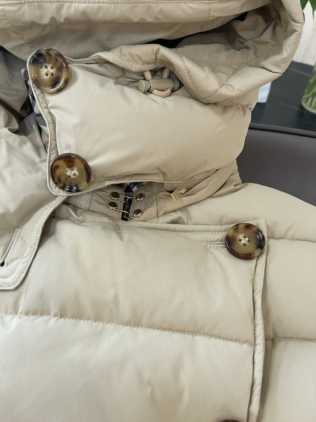 Burberry Belted Double-Breasted Long Down Jacket — detail