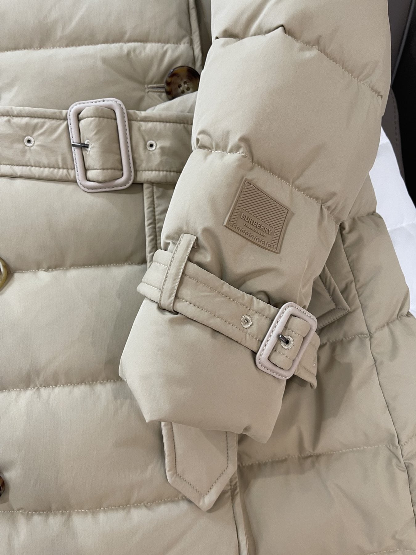 Burberry Belted Double-Breasted Long Down Jacket — detail