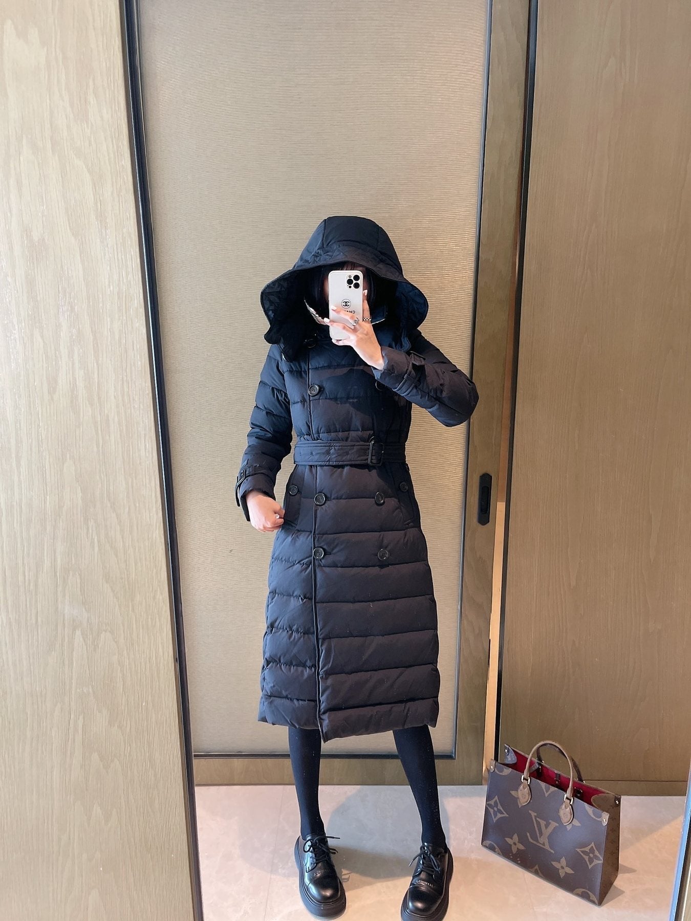 Burberry Belted Double-Breasted Long Down Jacket — context