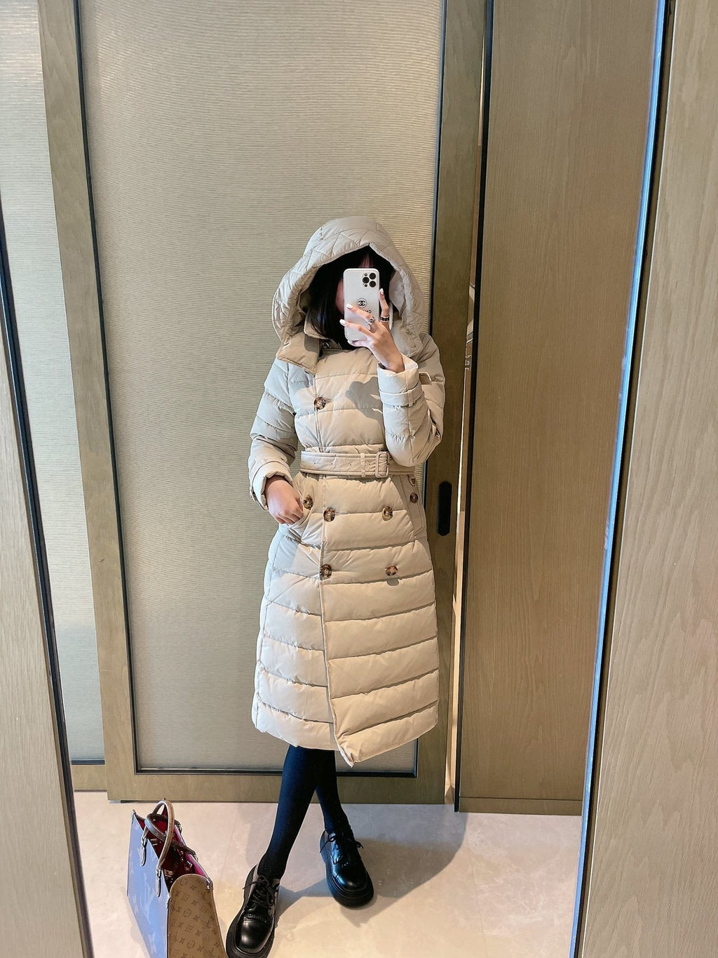 Burberry Belted Double-Breasted Long Down Jacket — context