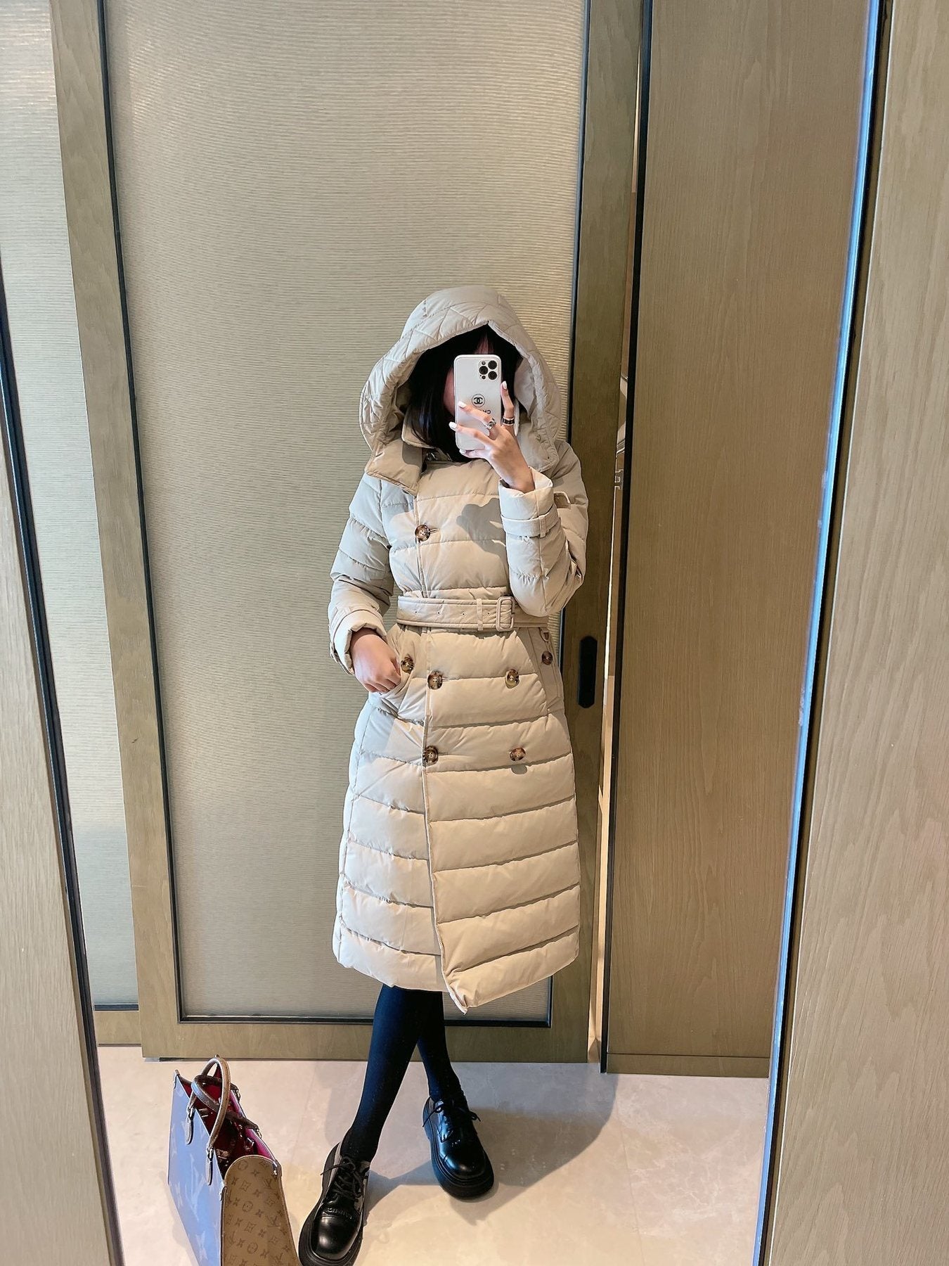 Burberry Belted Double-Breasted Long Down Jacket — context