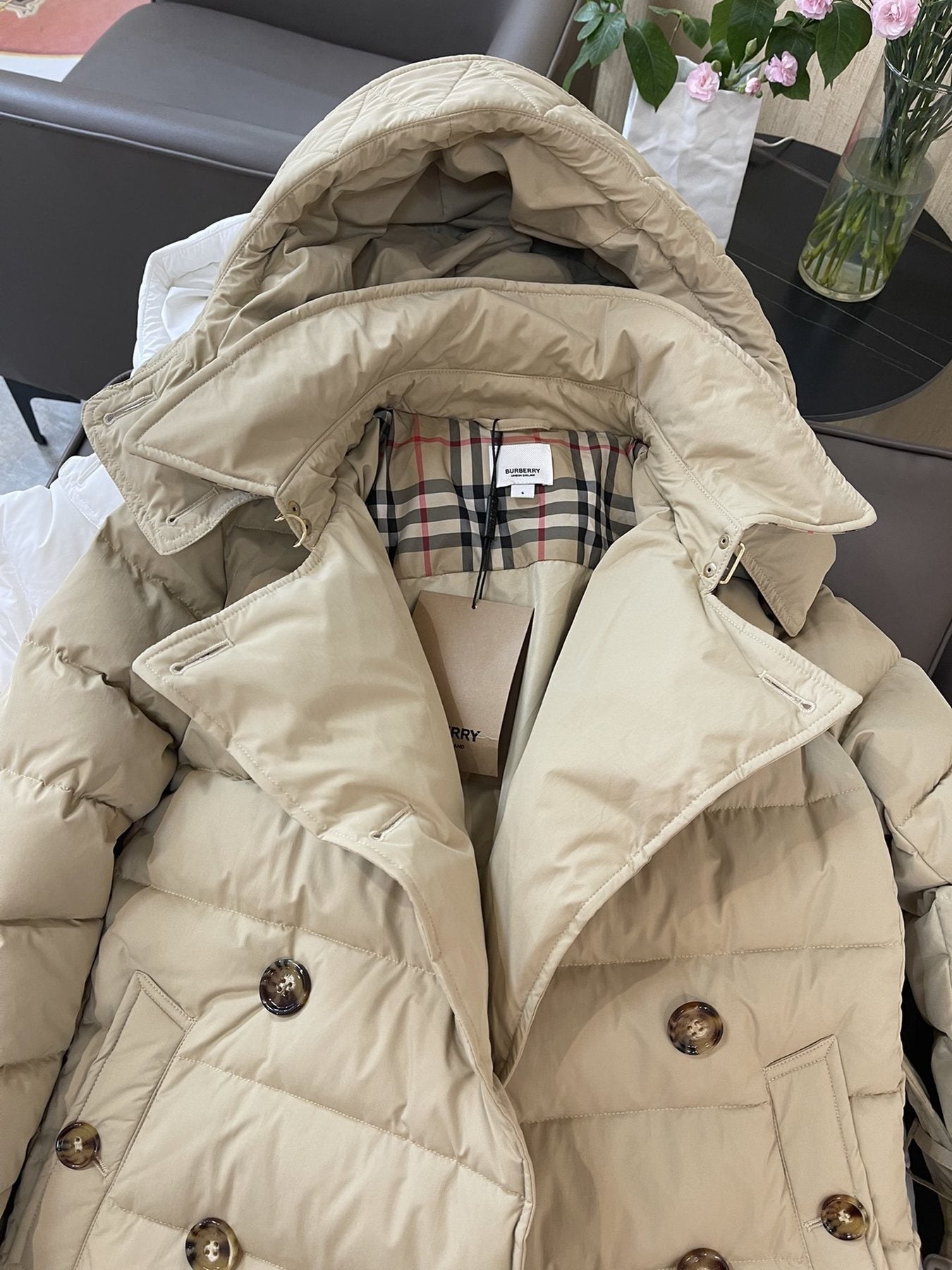 Burberry Belted Double-Breasted Long Down Jacket — neck_label