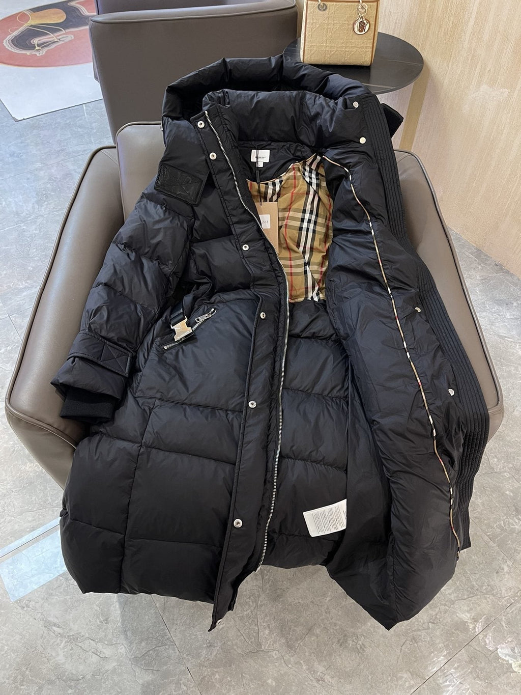 Burberry Hooded Belted Long Down Jacket — detail