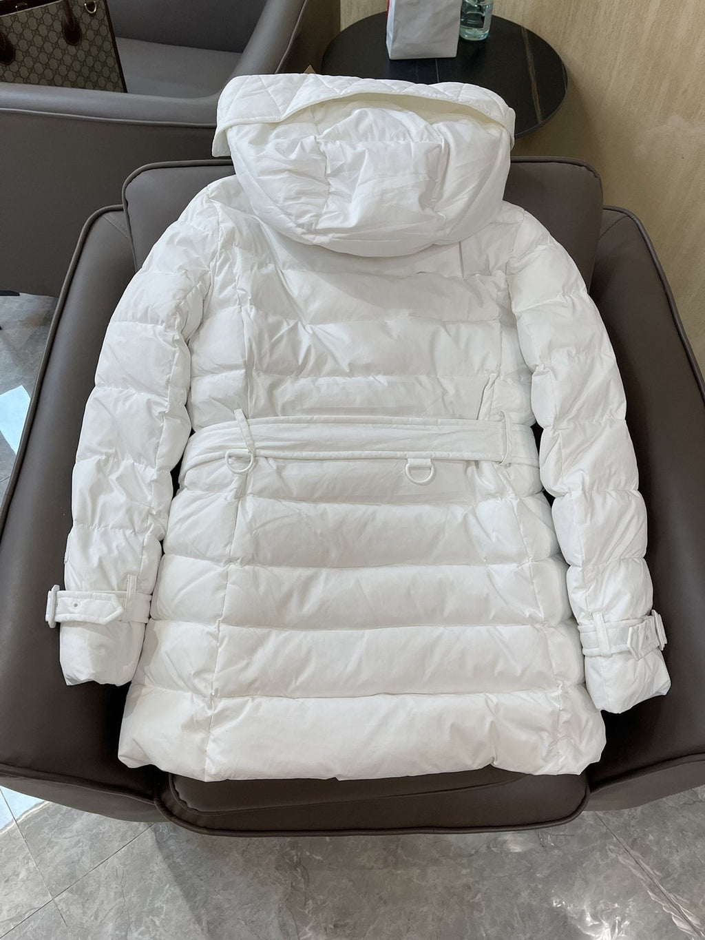 Burberry Belted Hooded Quilted Down Jacket — back