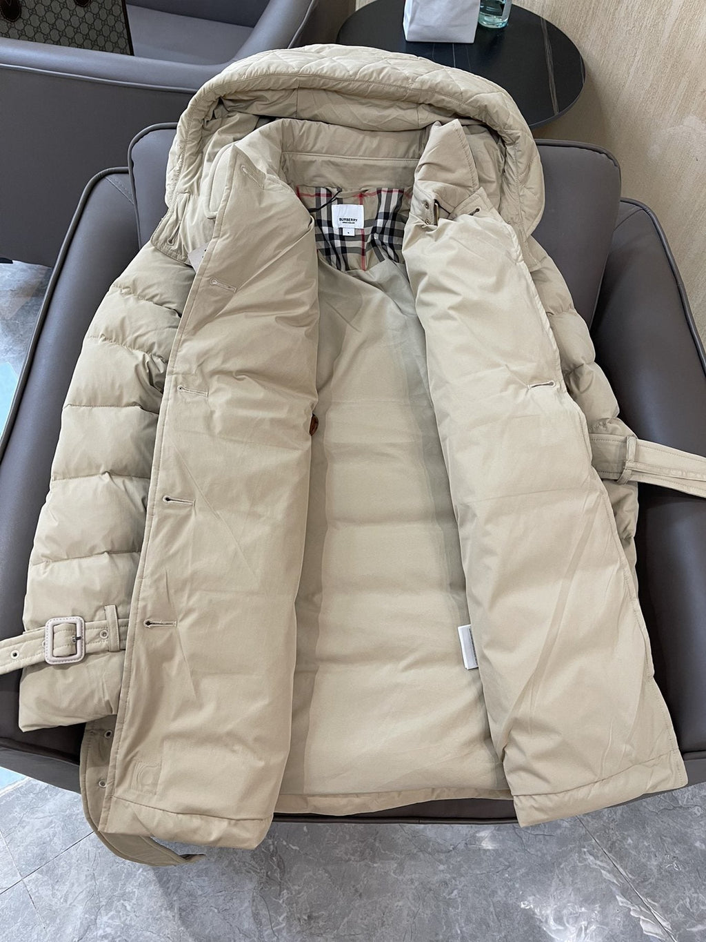 Burberry Belted Hooded Quilted Down Jacket — neck_label