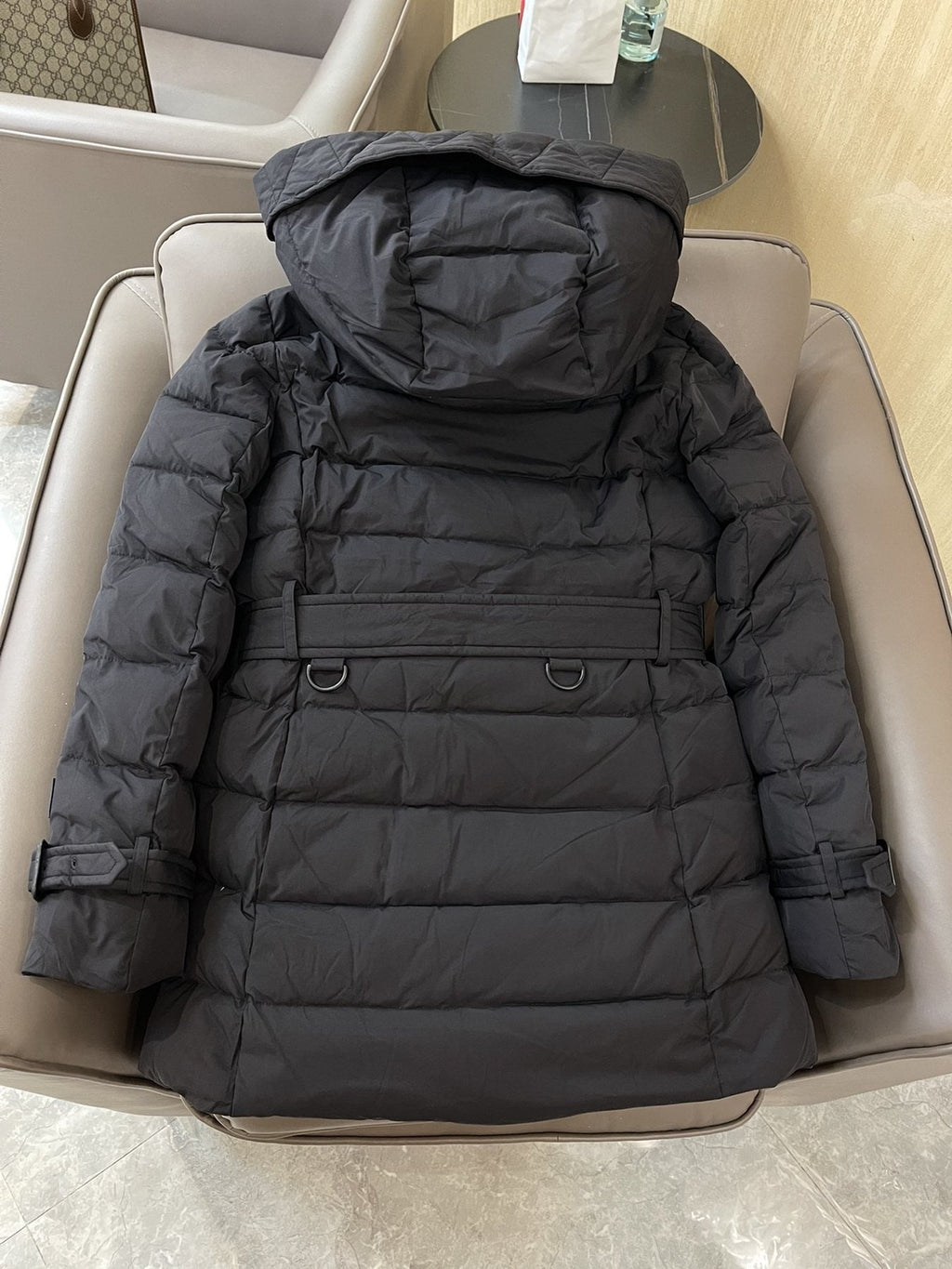 Burberry Belted Hooded Quilted Down Jacket — back