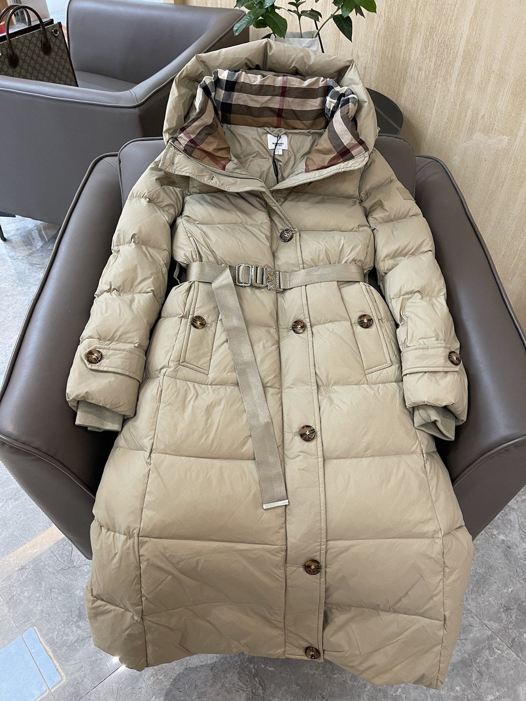 Burberry Belted Hooded Long Puffer Jacket — hero