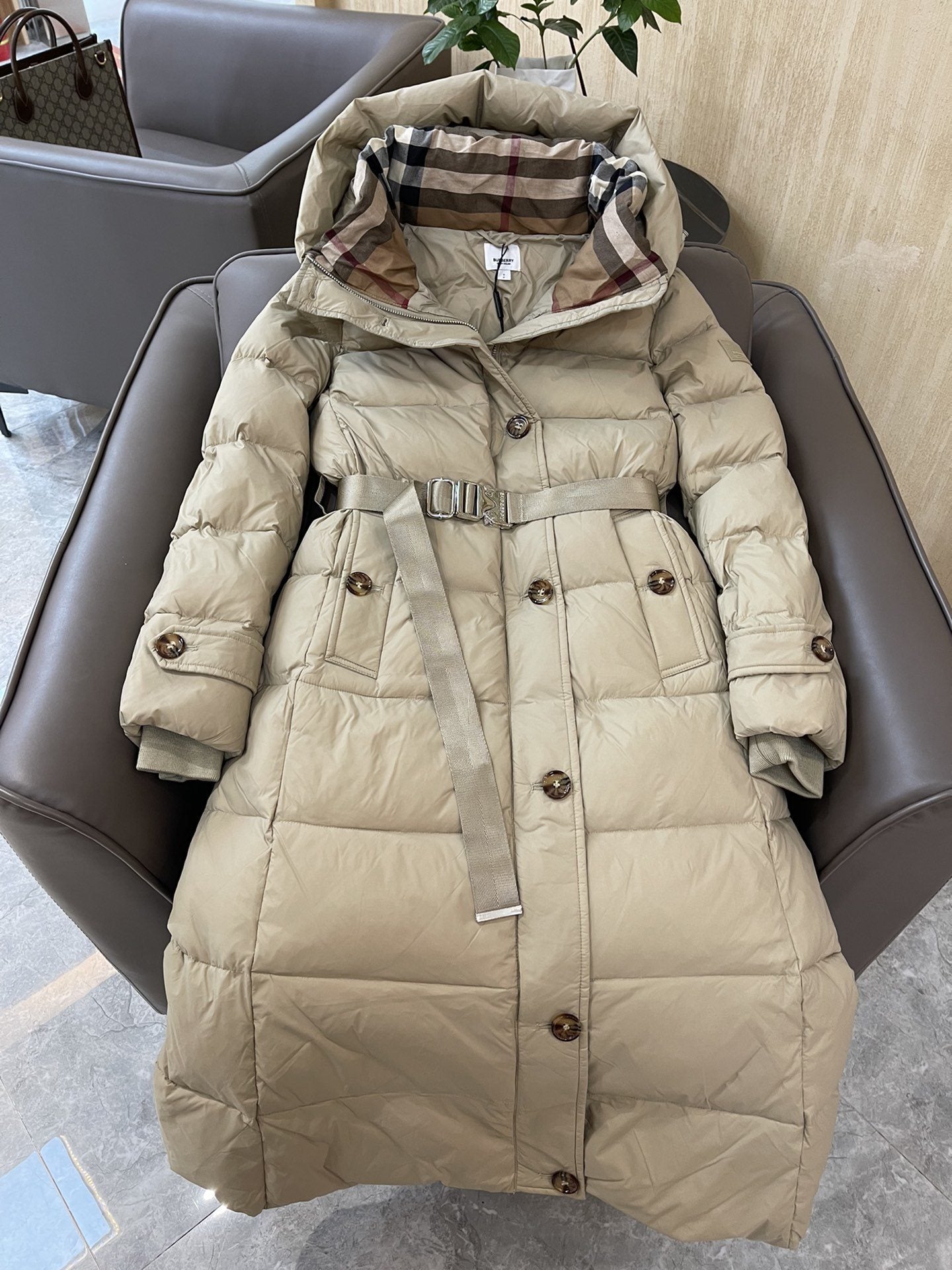 Burberry Belted Hooded Long Puffer Jacket — hero