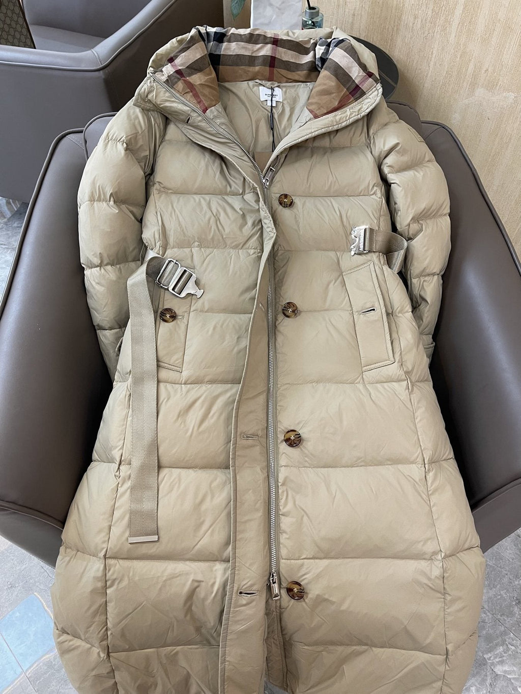 Burberry Belted Hooded Long Puffer Jacket — detail