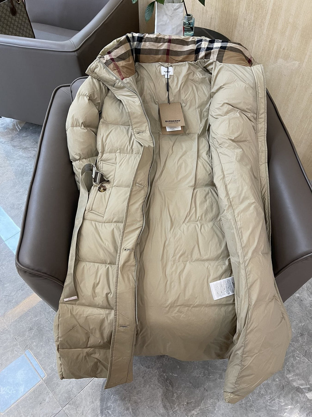 Burberry Belted Hooded Long Puffer Jacket — hang_tag