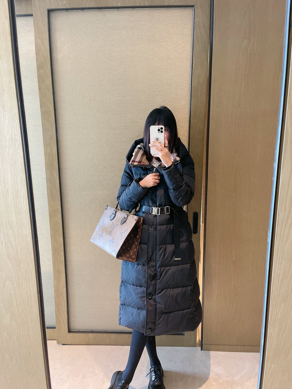Burberry Belted Hooded Long Puffer Jacket — context