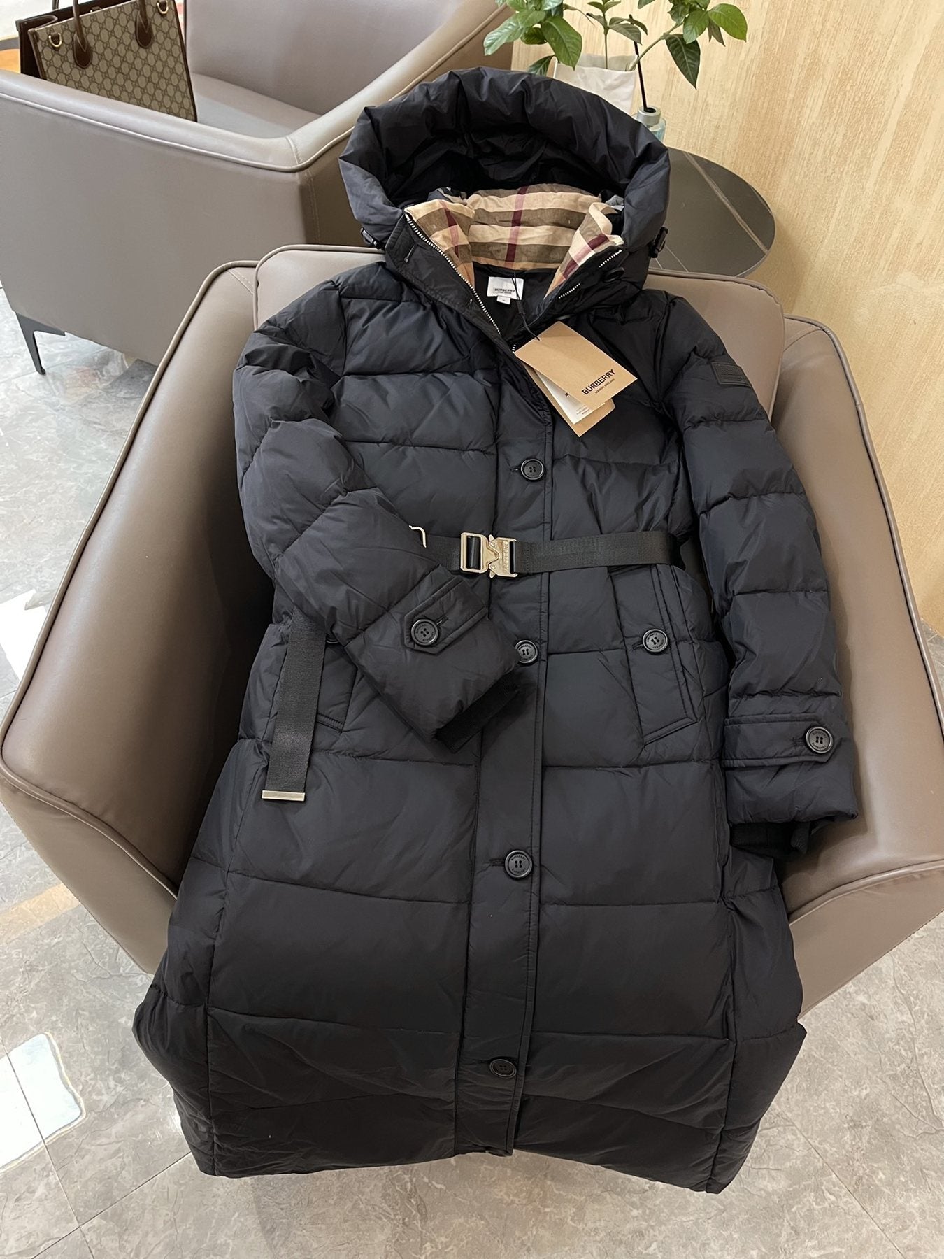 Burberry Belted Hooded Long Puffer Jacket — detail