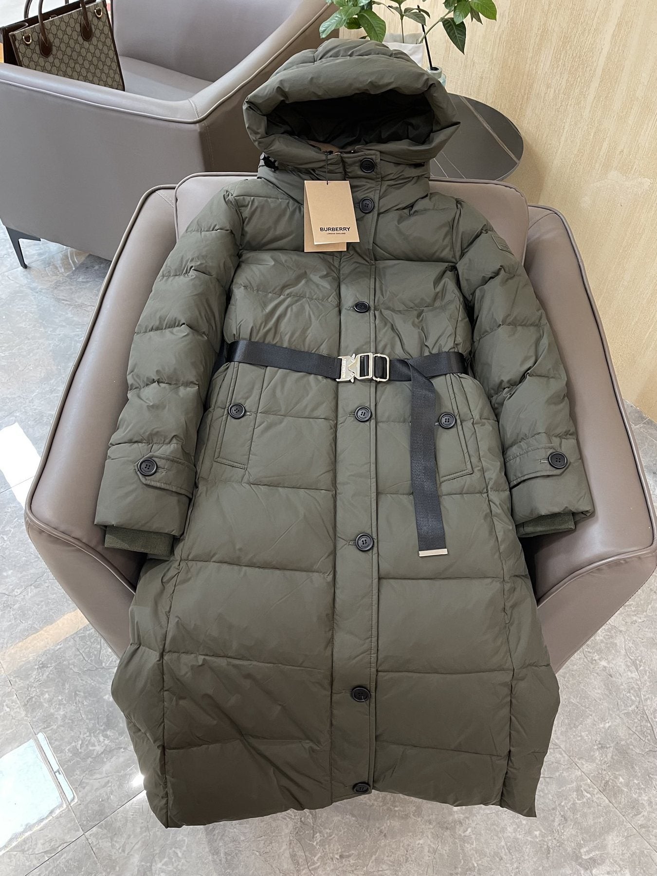 Burberry Belted Hooded Long Puffer Jacket — front