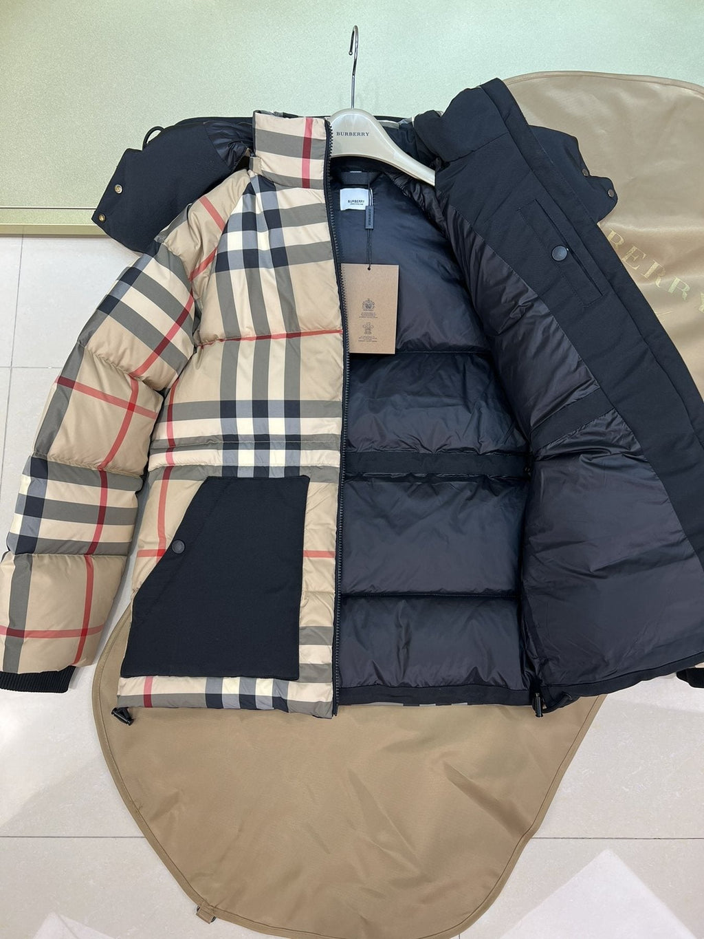 Burberry Reversible Beige Check Hooded Puffer Jacket — hang_tag