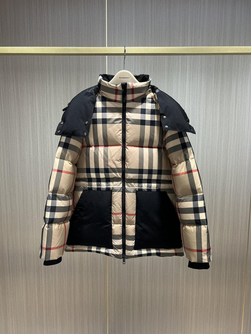 Burberry Reversible Beige Check Hooded Puffer Jacket — front