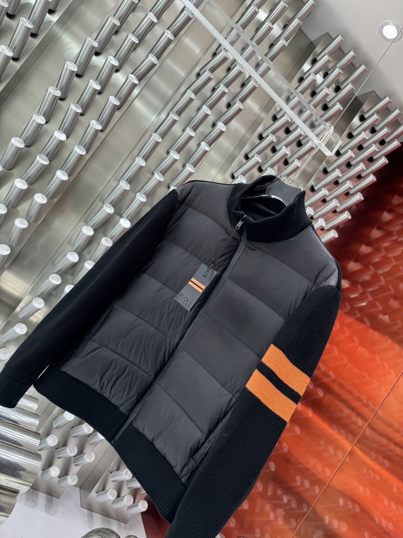 Zegna Striped-Sleeve Hybrid Puffer Coat — front