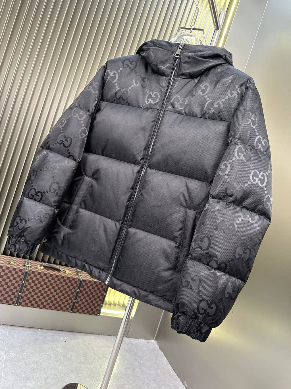 GUCCI Hooded Patterned-Panel Puffer Jacket — detail