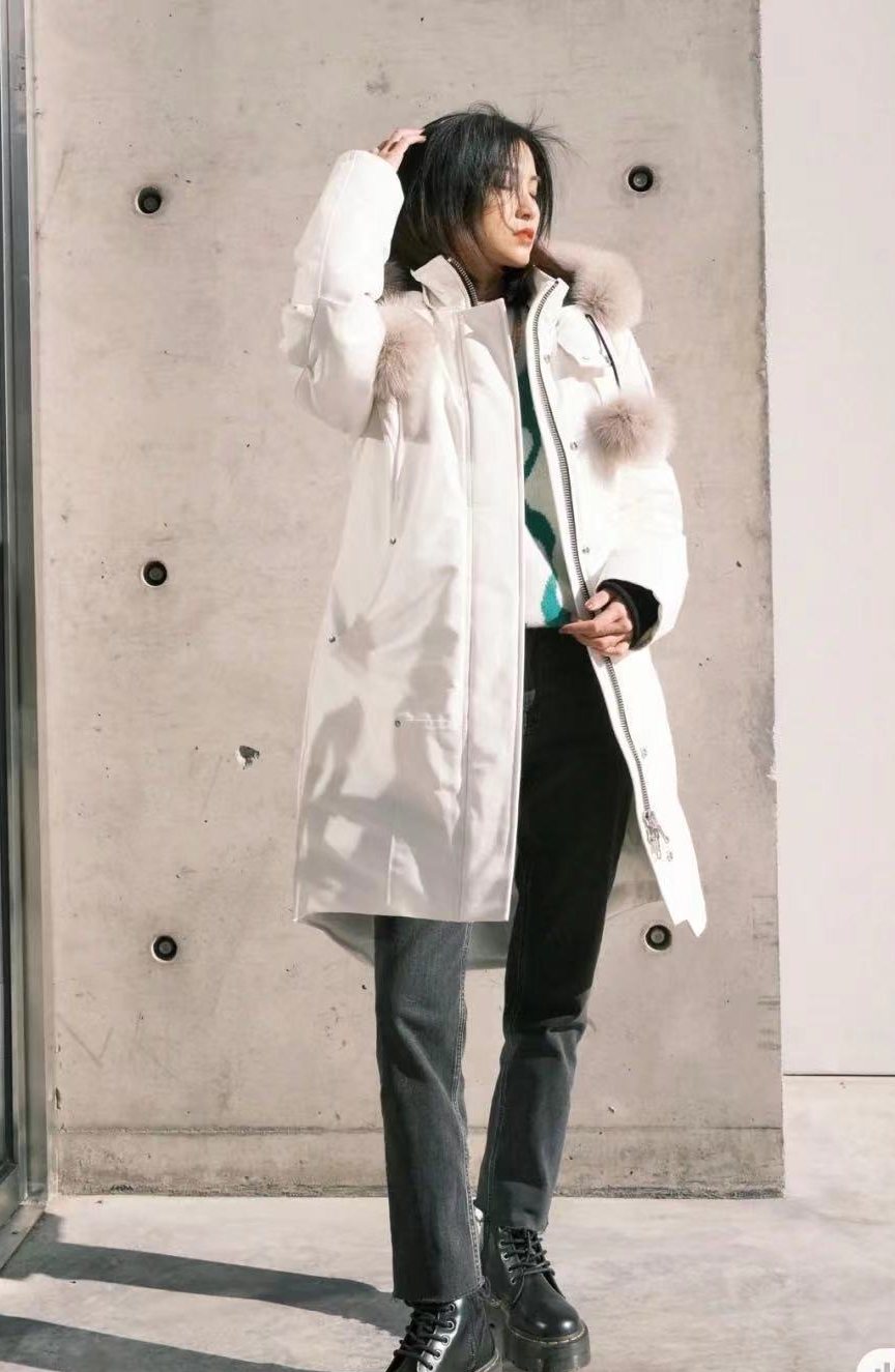 Moose Knuckles Women's Long Hooded Puffer Jacket — context