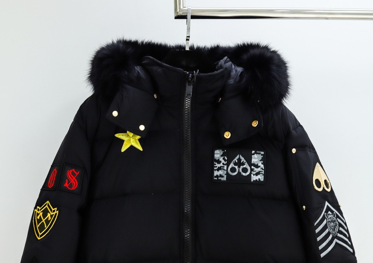 Moose Knuckles Black Fur-Trim Hooded Puffer Jacket — detail
