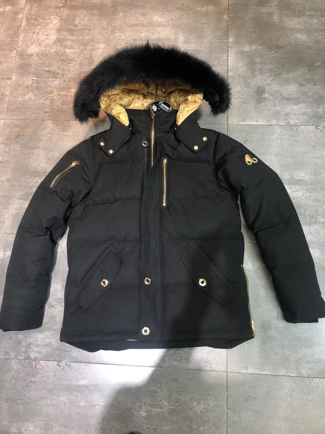 Moose Knuckles Black Hooded Puffer Jacket with Gold Lining — hero