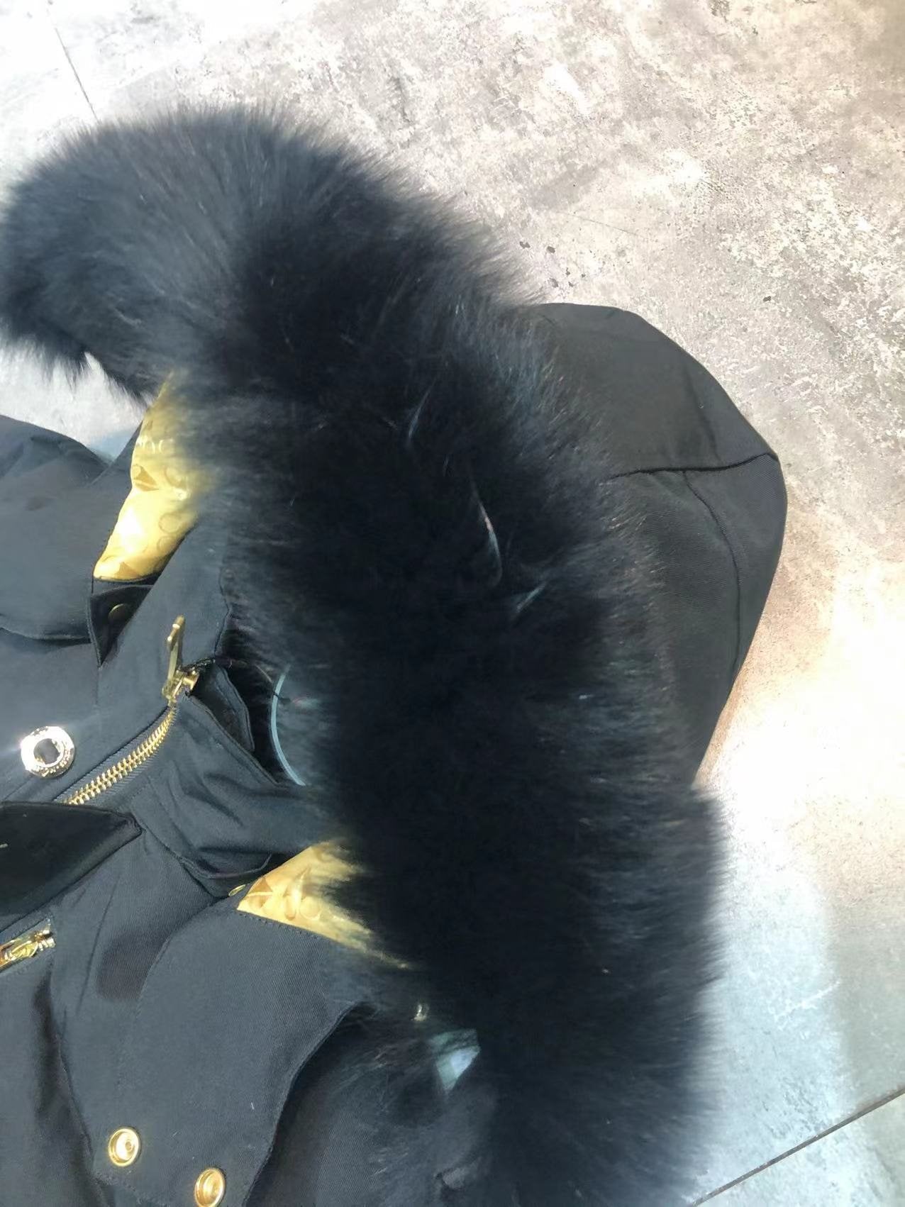 Moose Knuckles Black Hooded Puffer Jacket with Gold Lining — detail