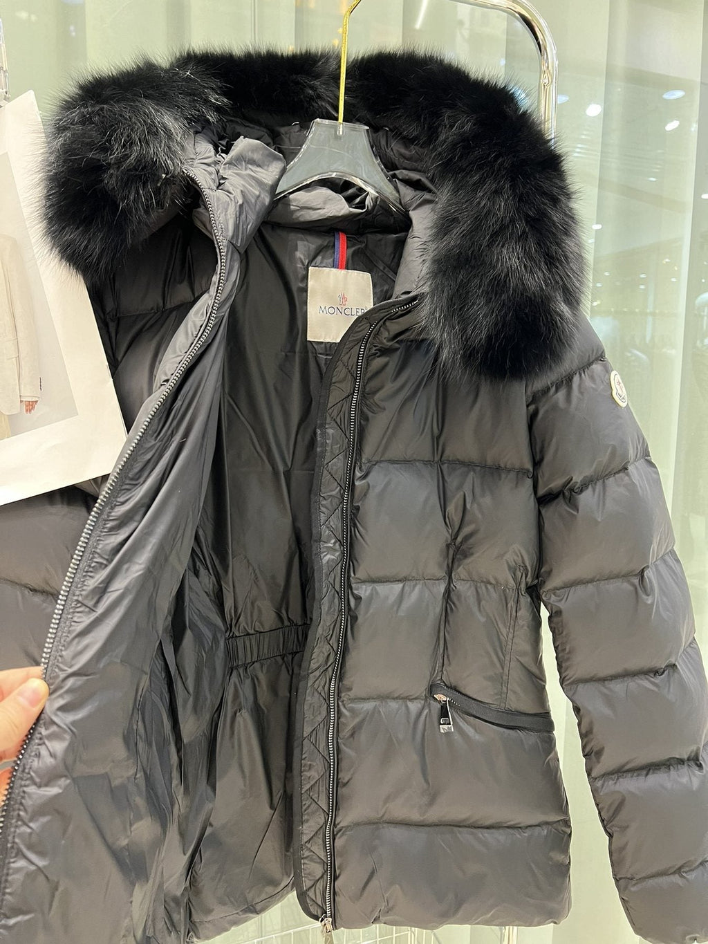 Moncler Fur-Trim Hood Belted Puffer Coat — detail