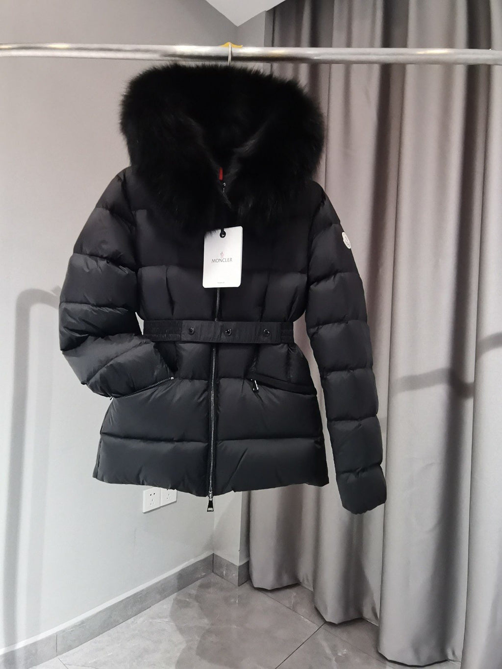 Moncler Fur-Trim Hood Belted Puffer Coat — hang_tag
