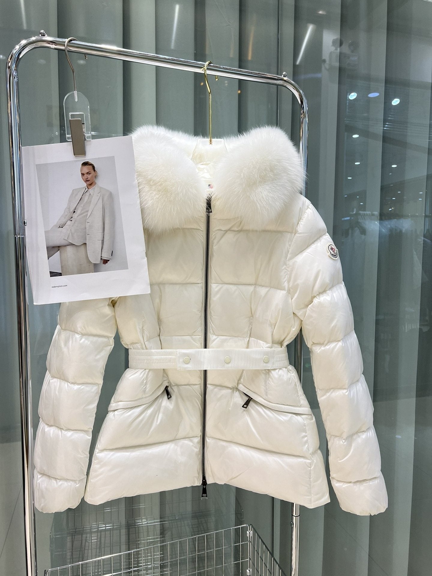 Moncler Fur-Trim Hood Belted Puffer Coat — hero