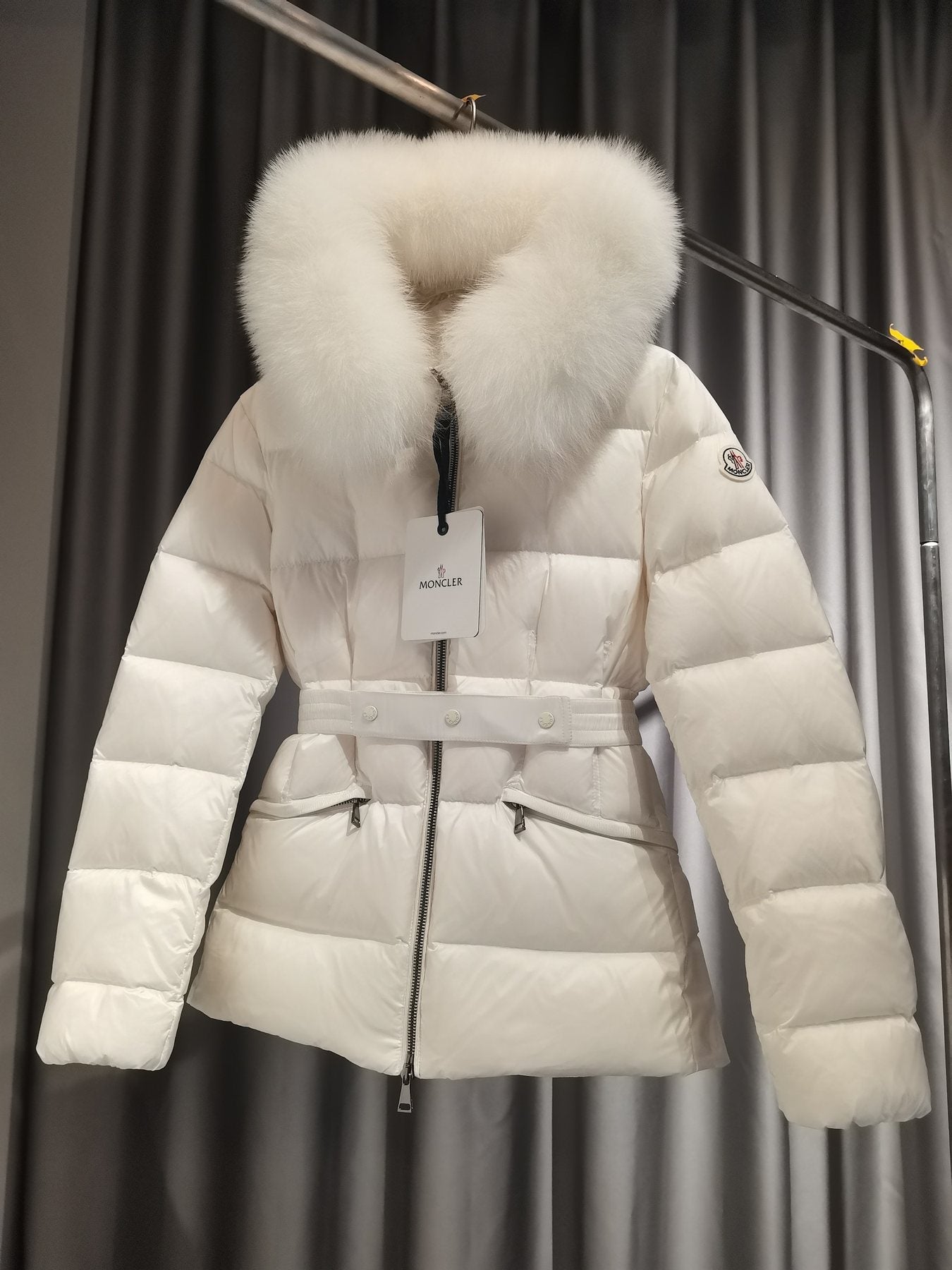 Moncler Fur-Trim Hood Belted Puffer Coat — hang_tag