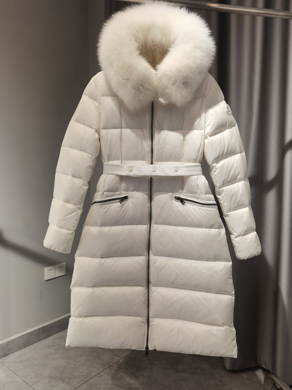 Moncler Long Belted Fur-Trim Hooded Down Coat — hero