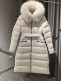 Moncler Long Belted Fur-Trim Hooded Down Coat — hero