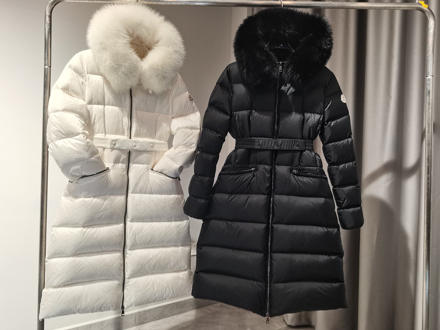 Moncler Long Belted Fur-Trim Hooded Down Coat — comparison