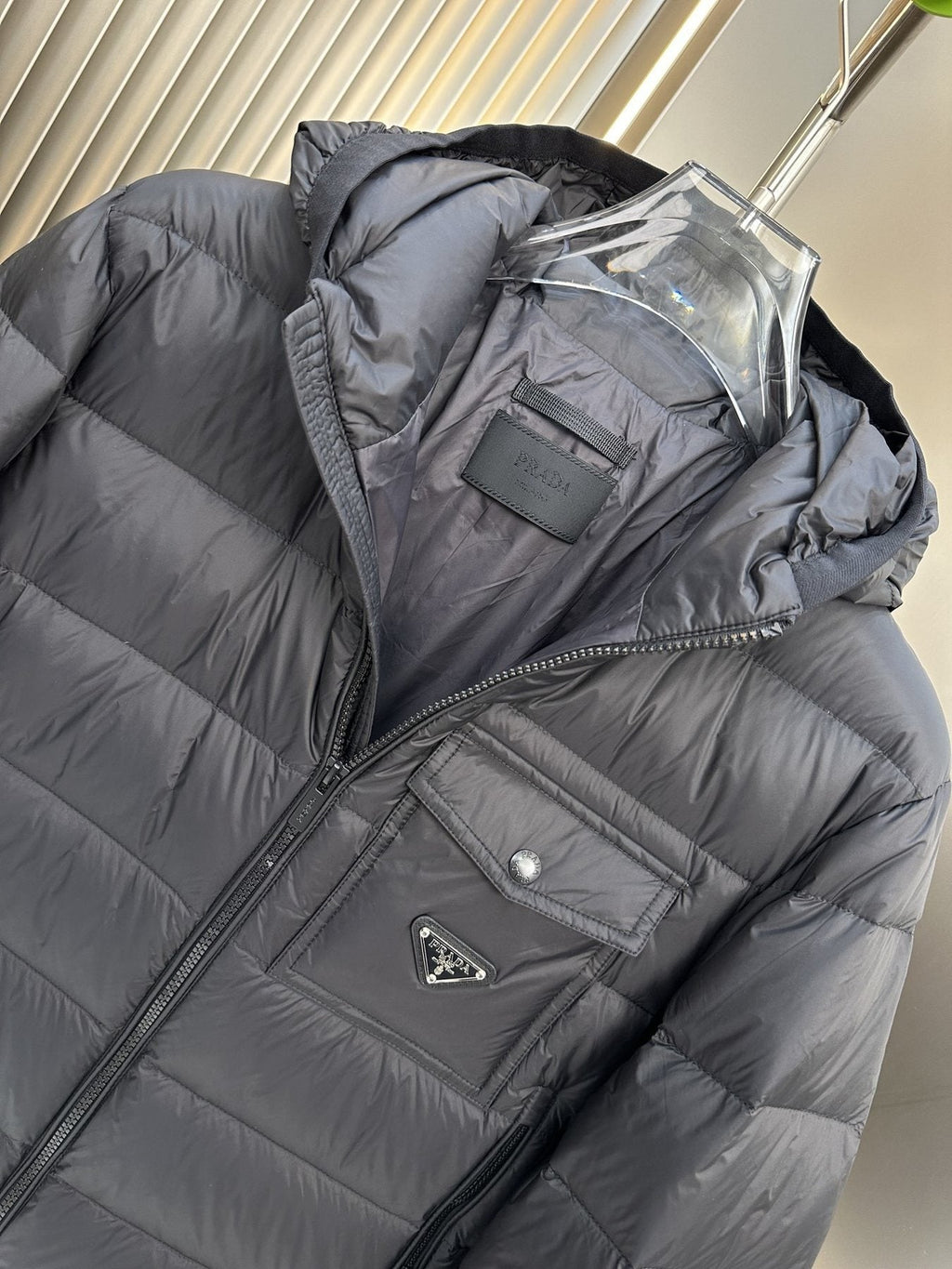 Prada Black Hooded Puffer Jacket — detail