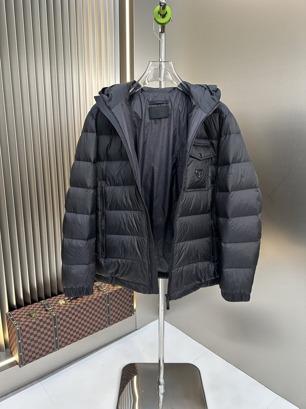 Prada Black Hooded Puffer Jacket — detail