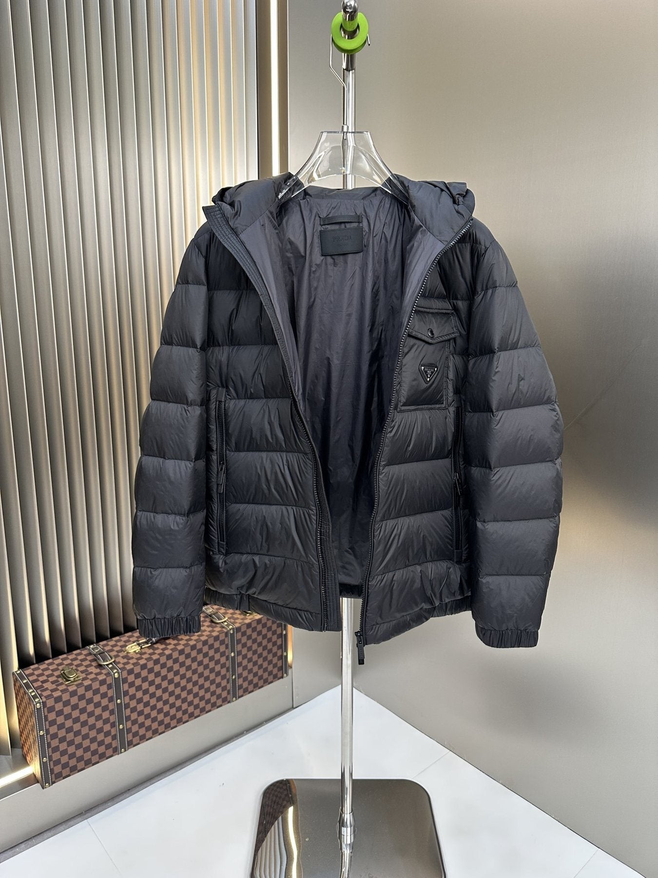 Prada Black Hooded Puffer Jacket — detail