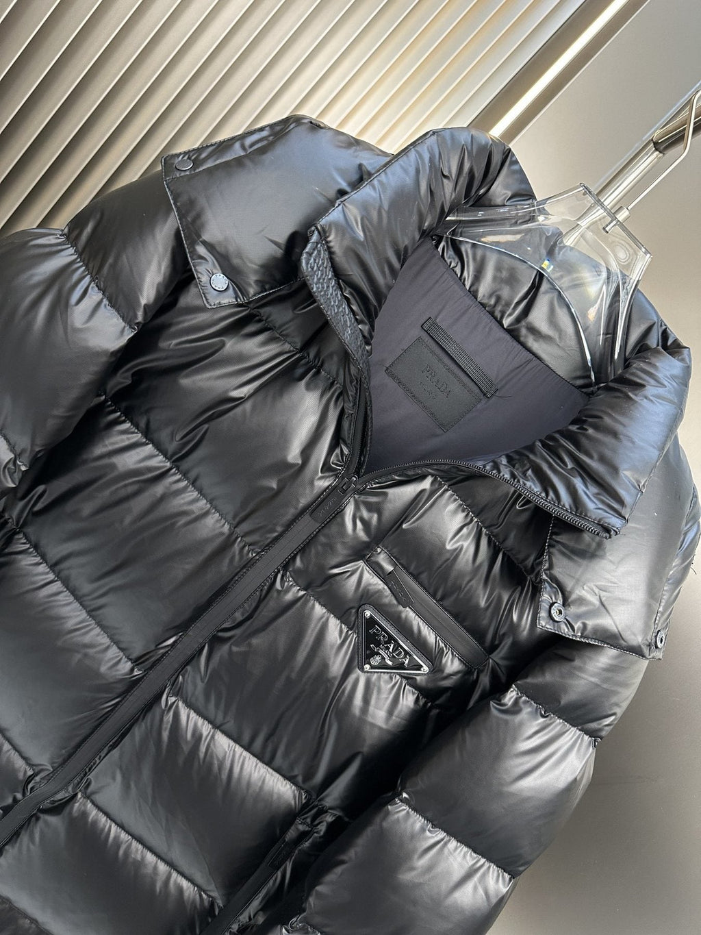 Prada Black Hooded Puffer Jacket — detail