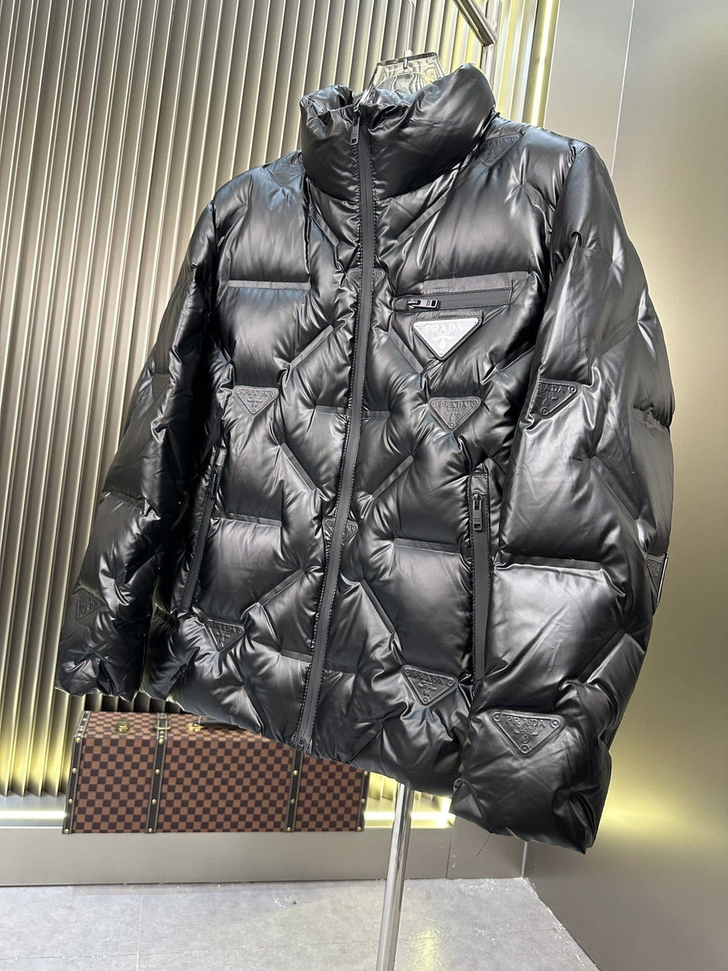 Prada Glossy Diagonal-Quilt Puffer Jacket — front