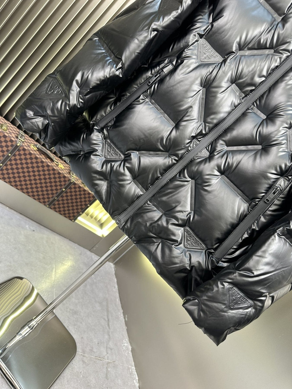 Prada Glossy Diagonal-Quilt Puffer Jacket — detail