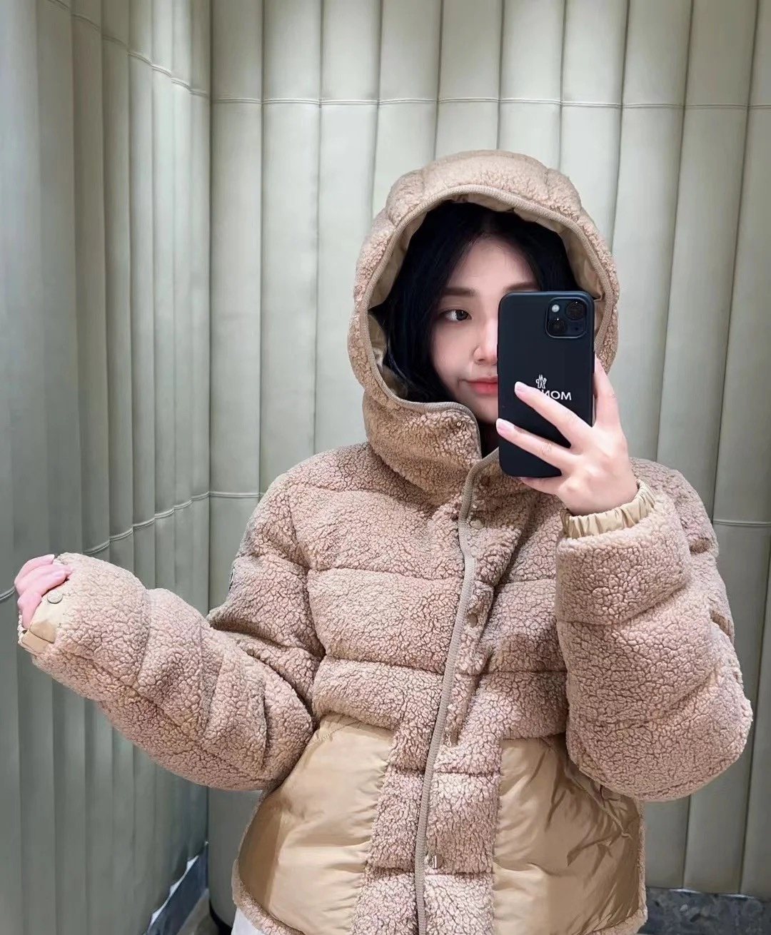Moncler Beige Sherpa Hooded Puffer Coat — context