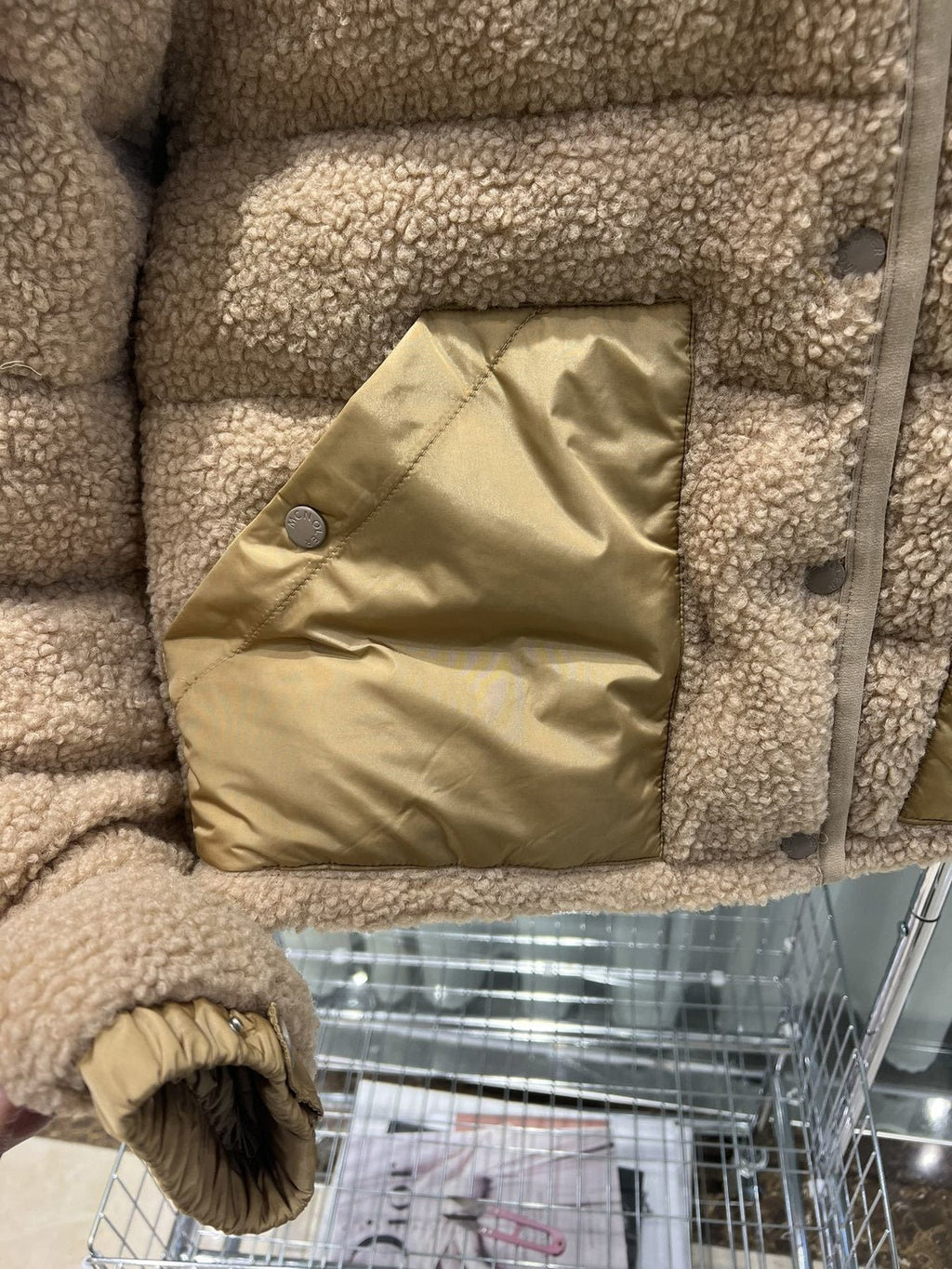 Moncler Beige Sherpa Hooded Puffer Coat — detail